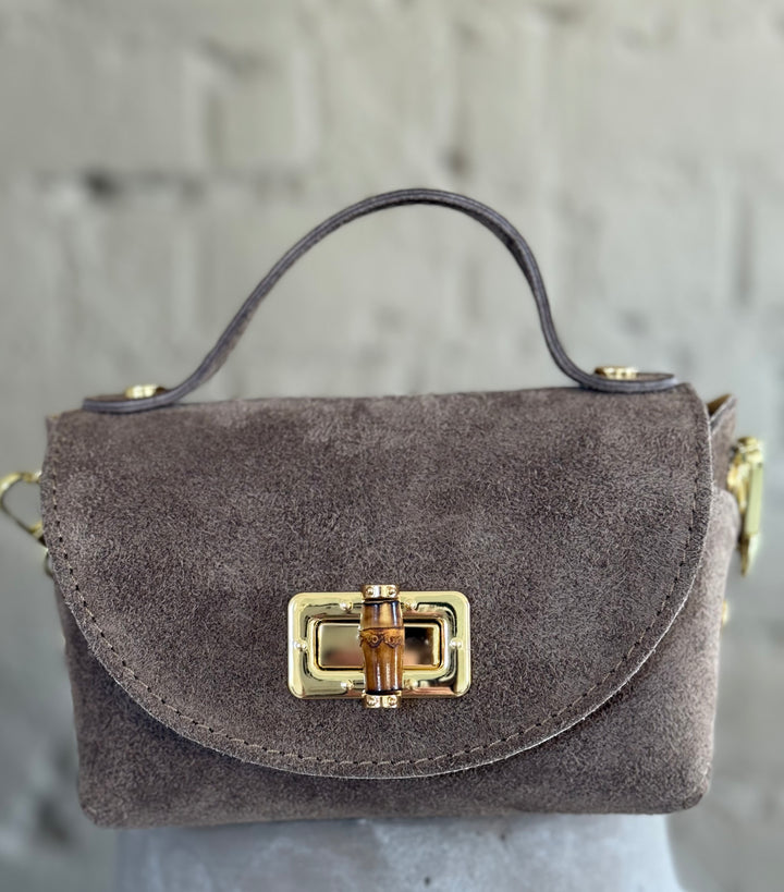 MINI ARWEN - Liten mocka väska med bambu lås - Taupe