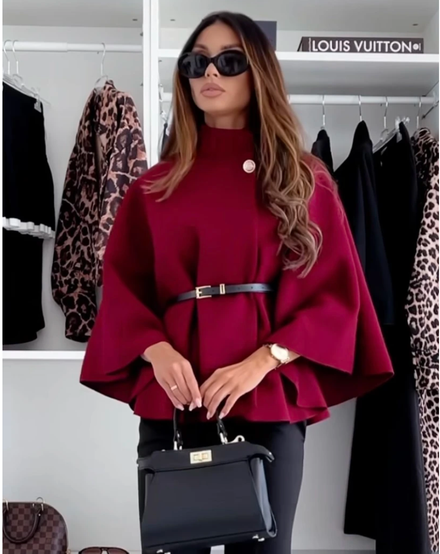 SCARLET - Belted Poncho - Burgundy