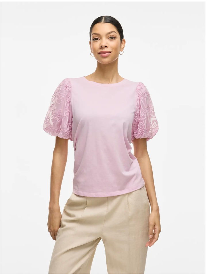 SIMONIA - T-Shirt med puffärm i spets - Rosa