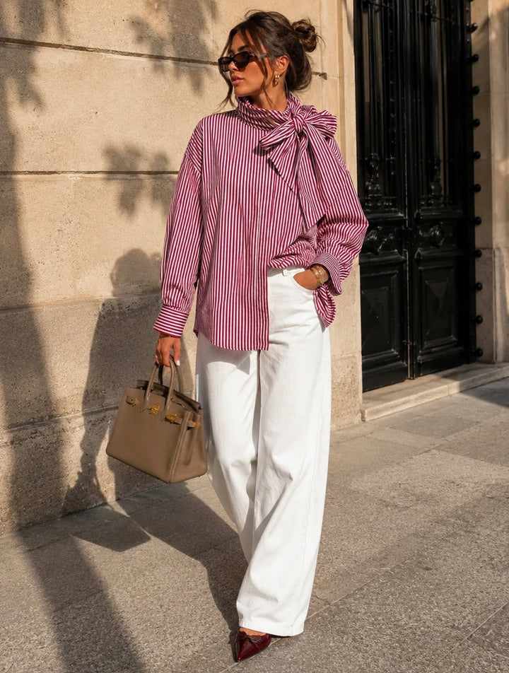 MINDY - Striped Shirt w bow - Wine