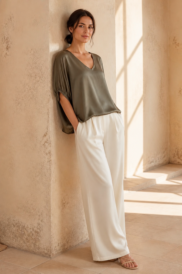 Honey & Haze - Jade Glossy V neck Blouse - Taupe