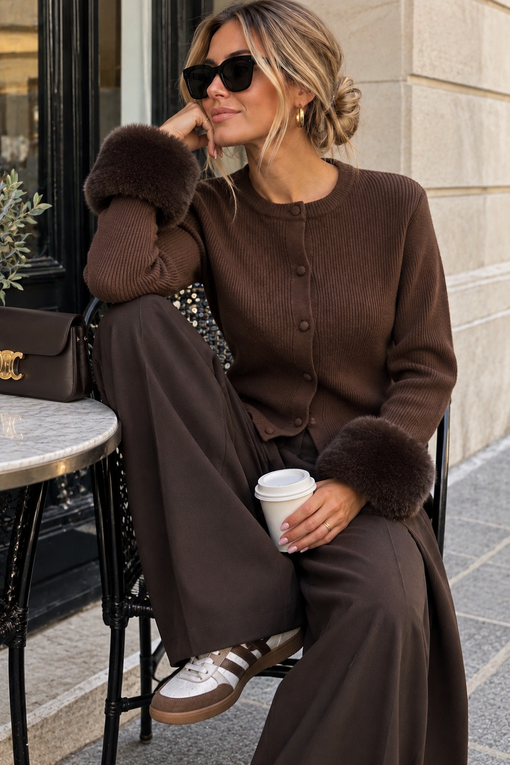 Fluffy - Ribbed Cardigan - Brown