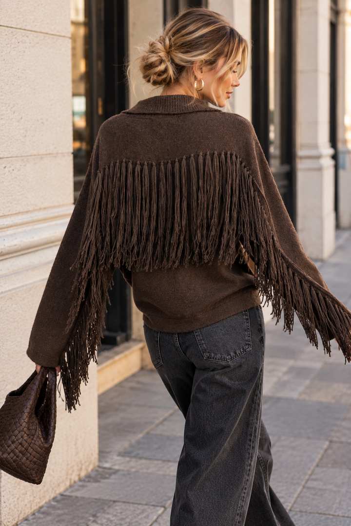 Calypso - Fringled Cardigan - Brown