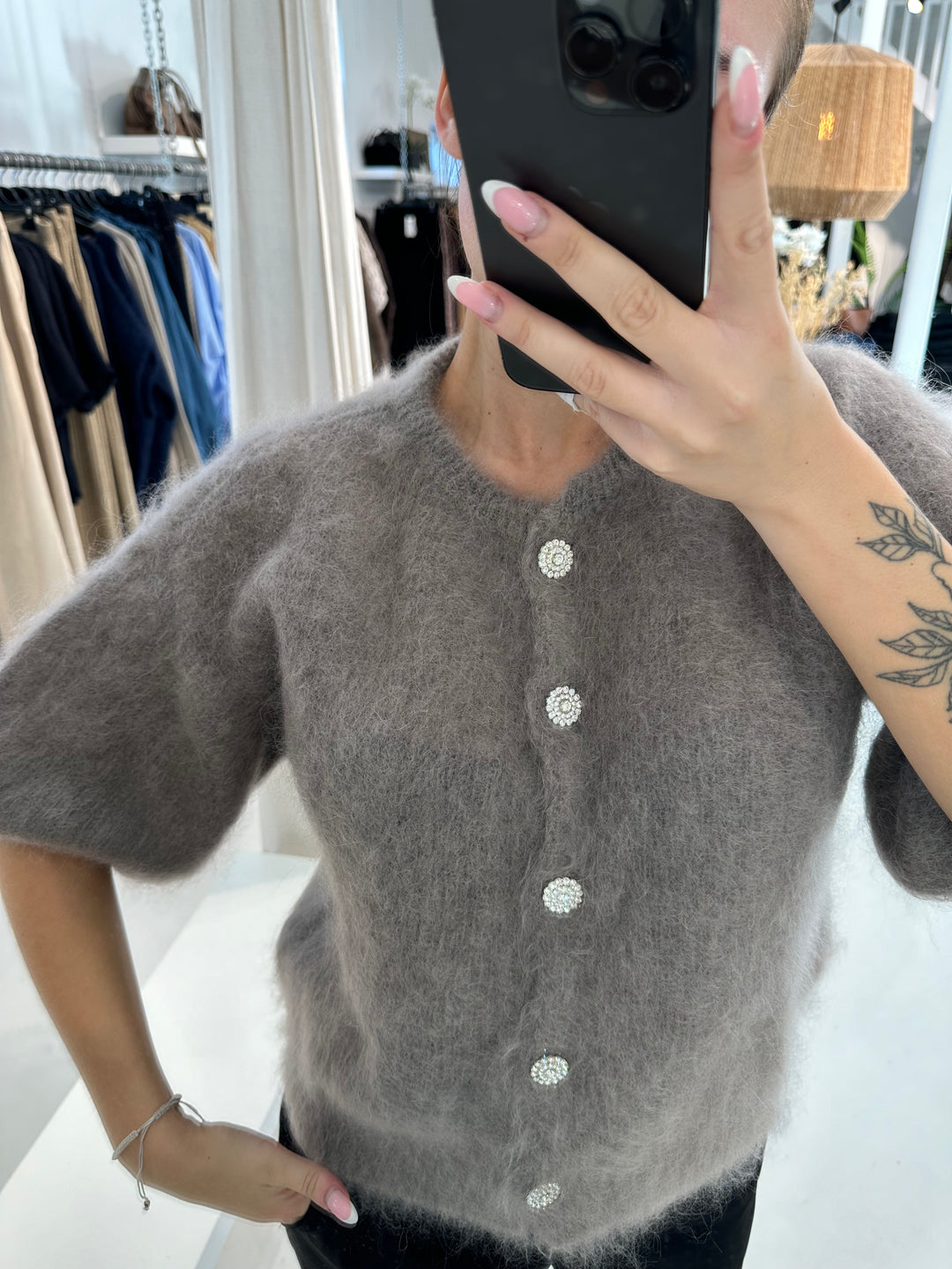 DIAMANT - Fluffy Mohair Cardigan - Taupe