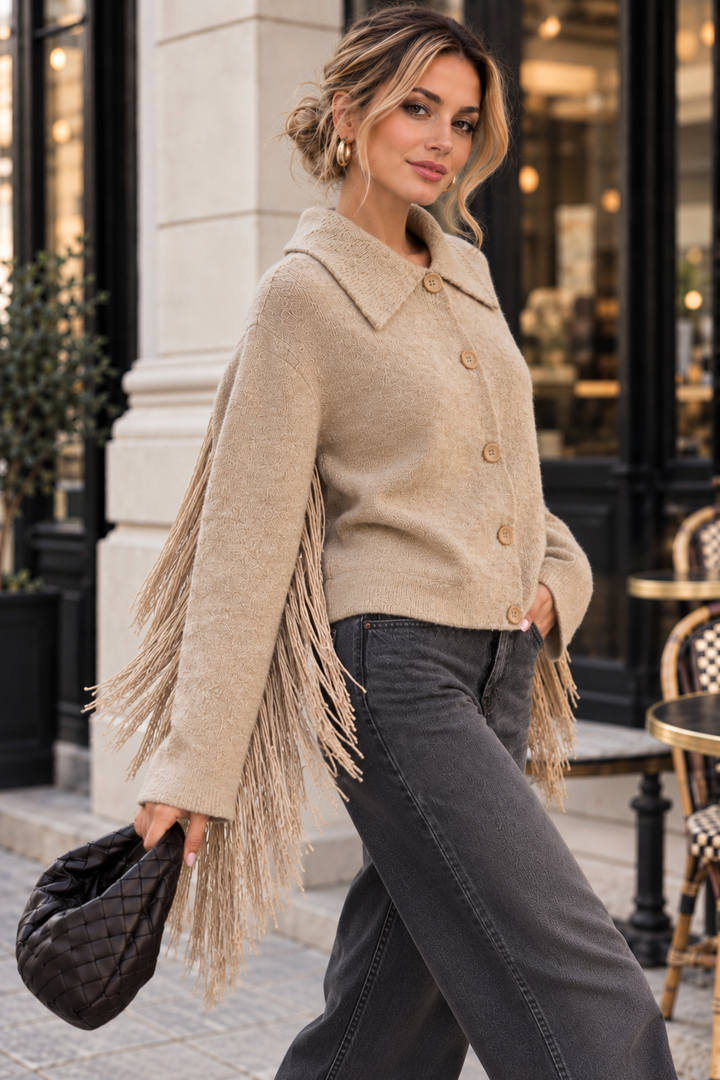 Calypso - Fringled Cardigan - Taupe