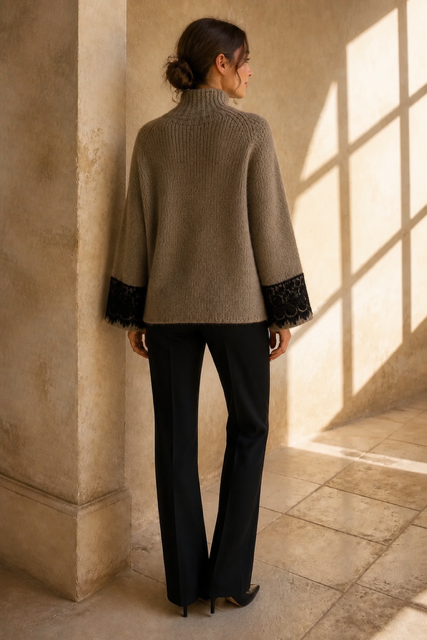 Honey & Haze - Valérie Turtleneck knit sweater w lace - Taupe/Black