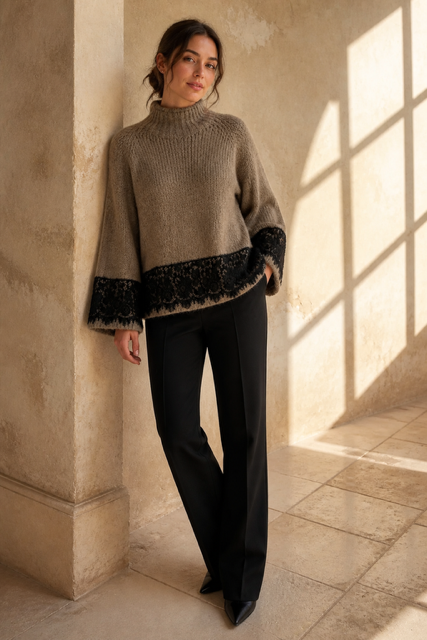Honey & Haze - Valérie Turtleneck knit sweater w lace - Taupe/Black