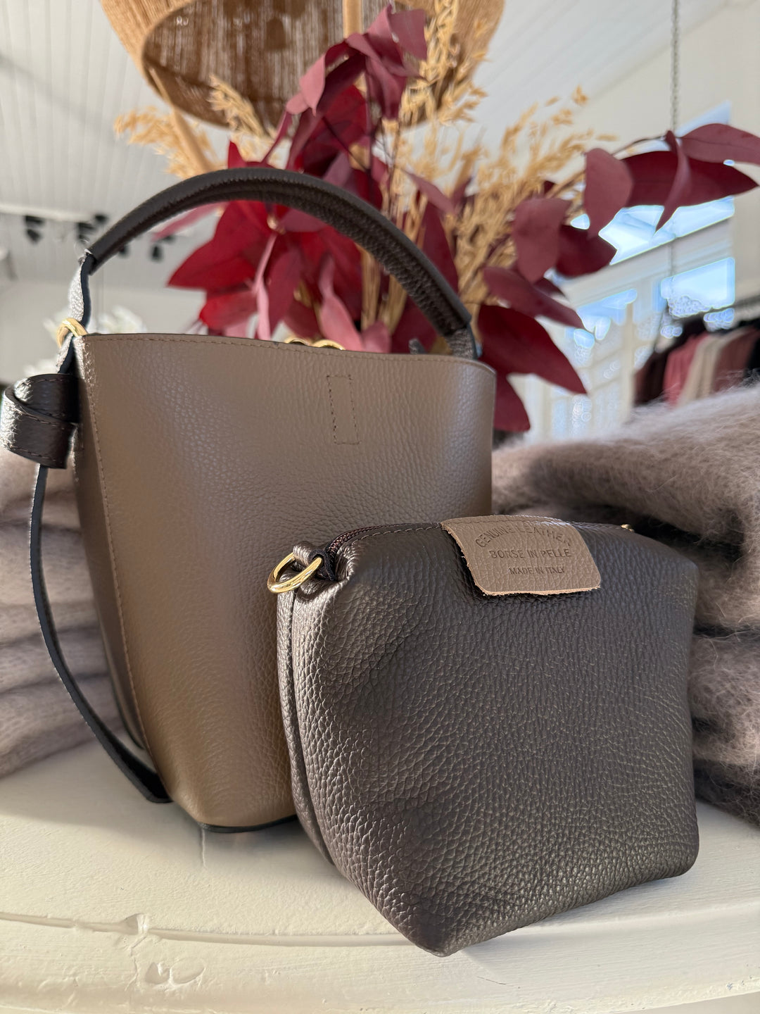 LILLY - Bucket bag i Skinn - Nougat/Brun
