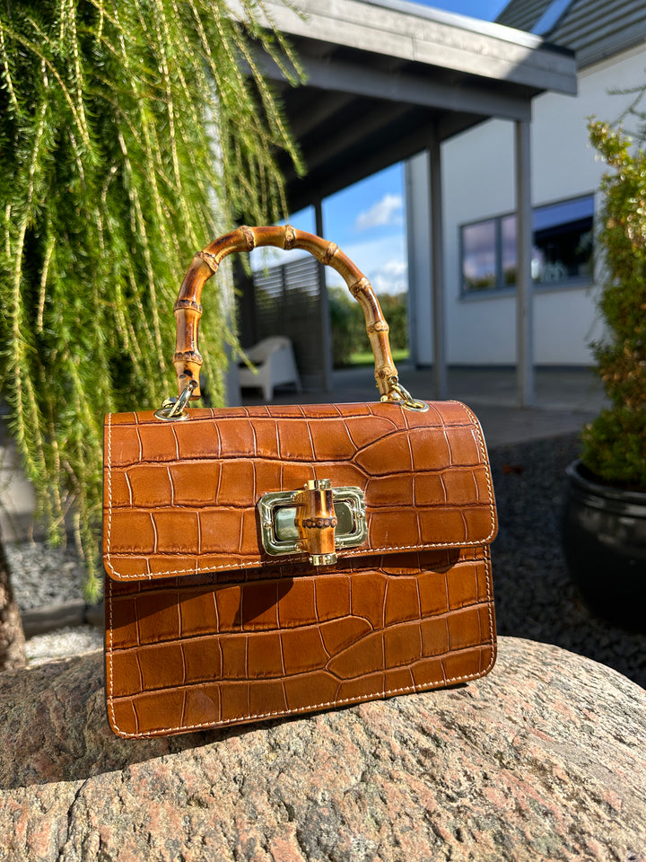 ARWEN - Läder väska med bambu handtag - Brun