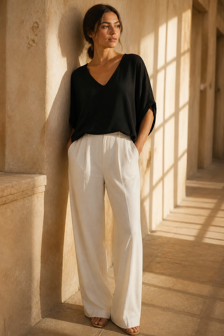 Honey & Haze - Jade Glossy V neck Blouse - Black