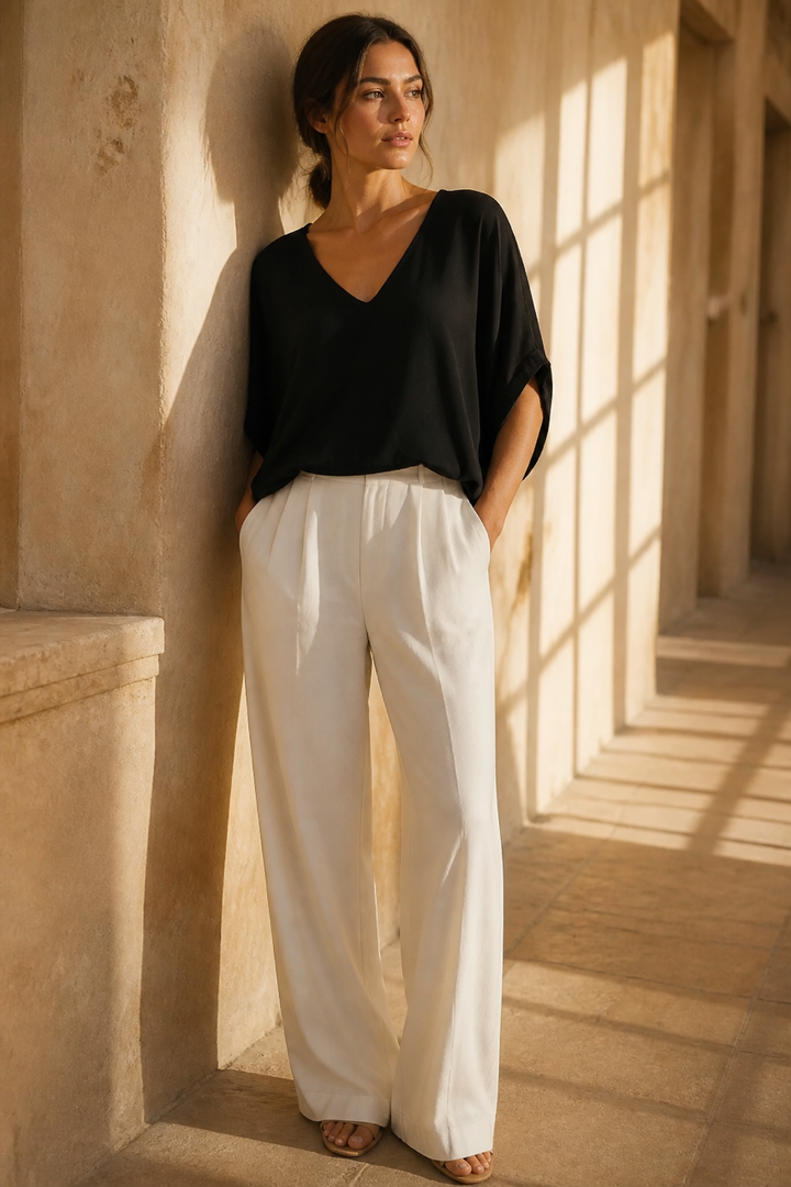 Honey & Haze - Jade Glossy V neck Blouse - Black