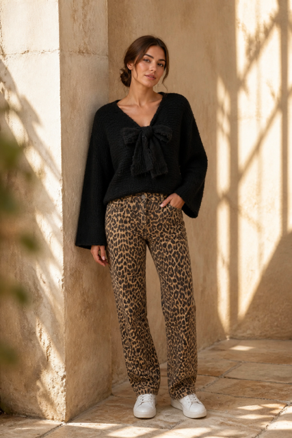 Lumi - Chunky Knit sweater w Bow - Black