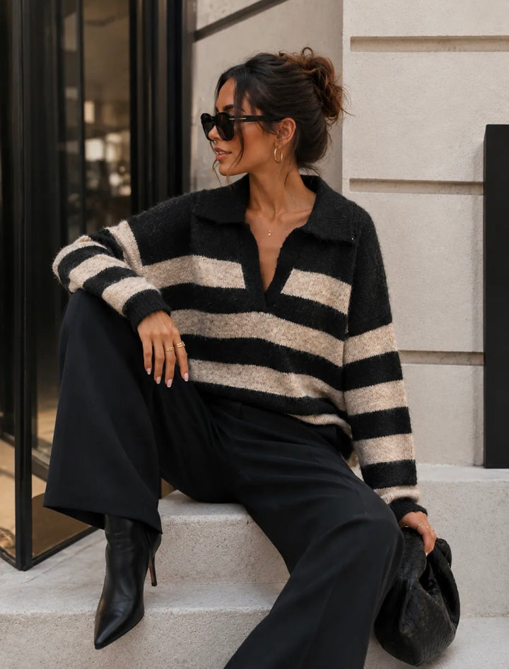 RAYA - Striped Sweater - Black/Taupe