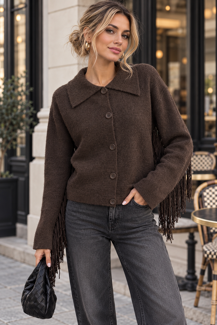 Calypso - Fringled Cardigan - Brown