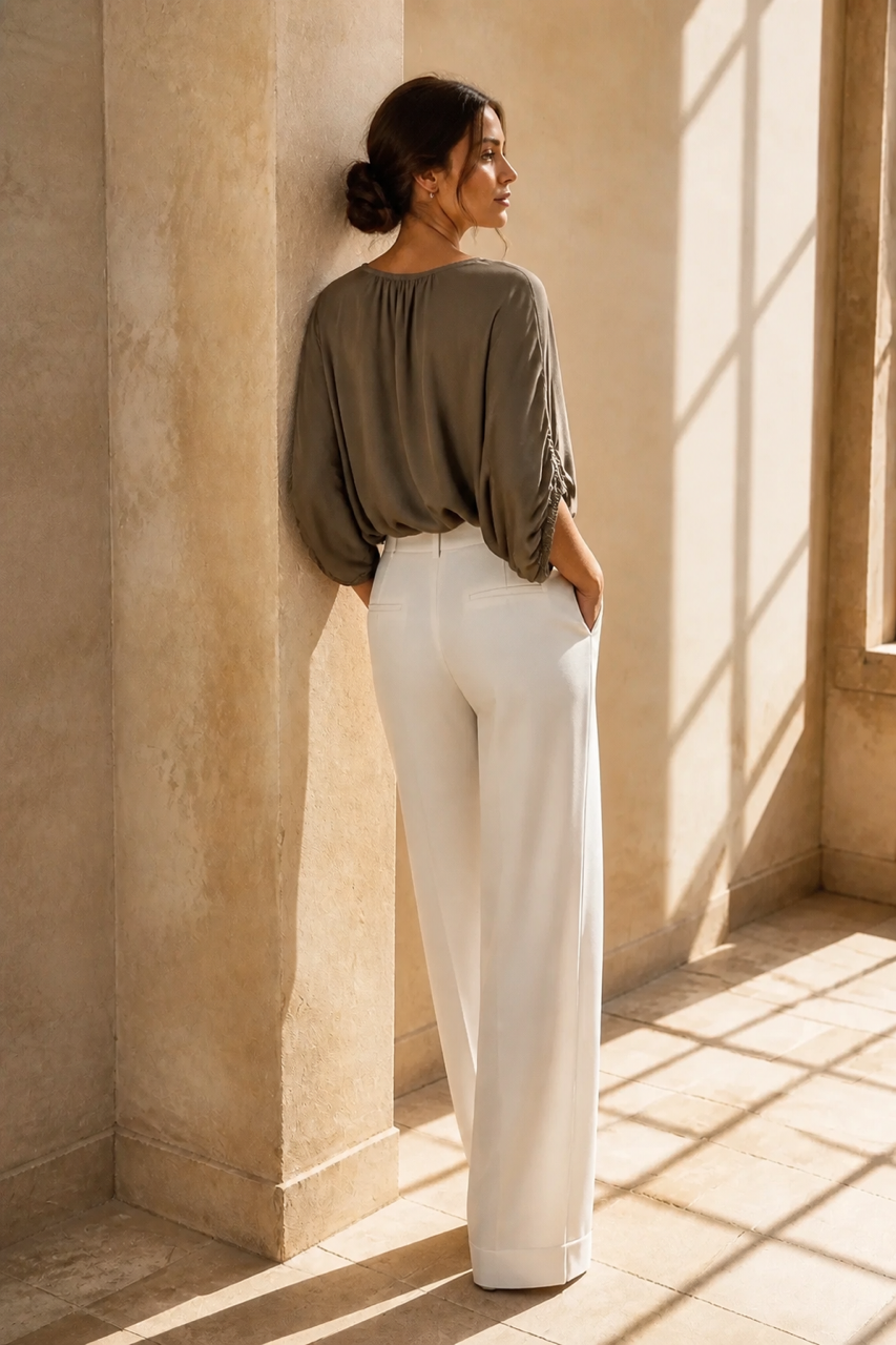 Honey & Haze - Jade Glossy V neck Blouse - Taupe
