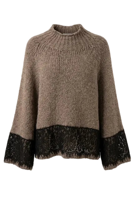 Honey & Haze - Valérie Turtleneck knit sweater w lace - Taupe/Black