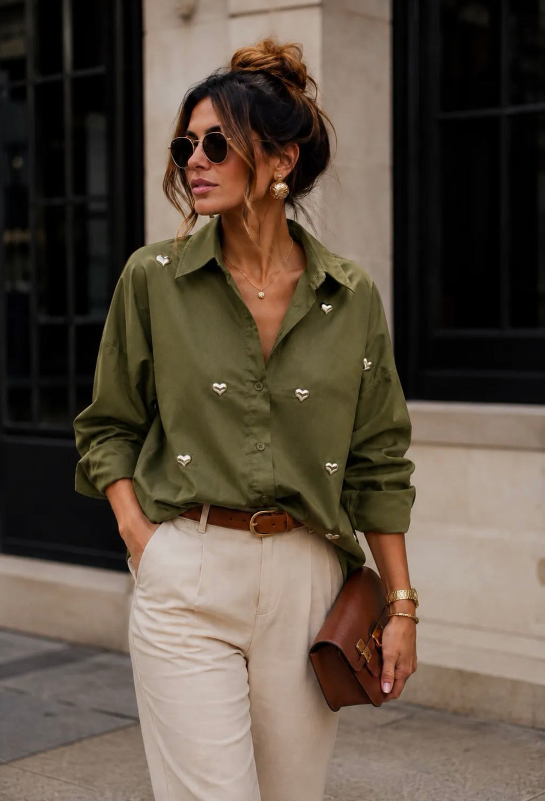 LOVED - Shirt w golden hearts - Army
