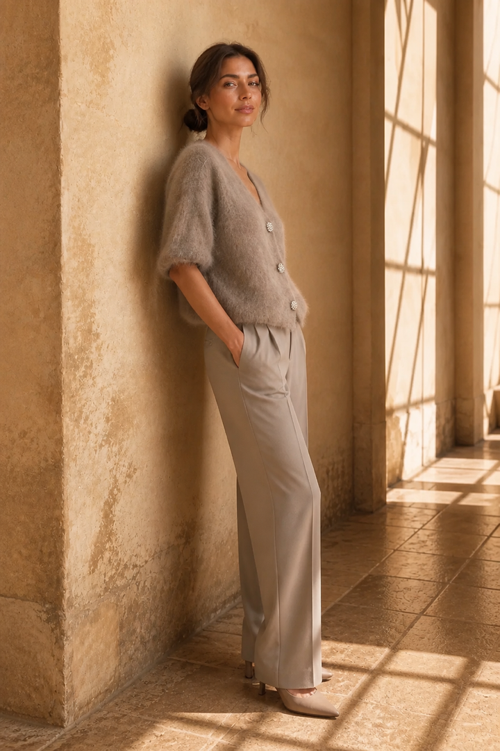 Honey & Haze - Céline Kid Mohair Cardigan w crystal buttons - Taupe