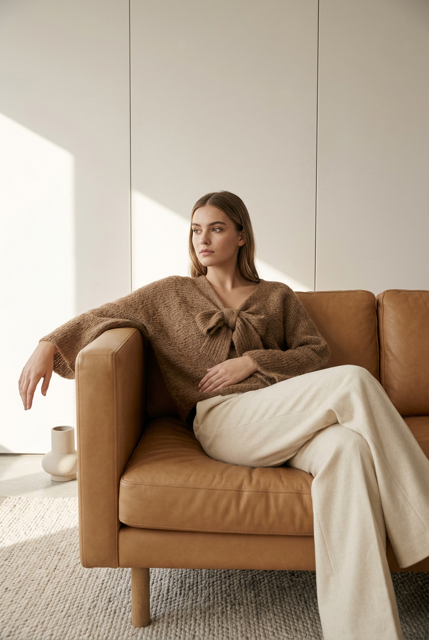 Lumi - Chunky Knit sweater w Bow - Light Brown
