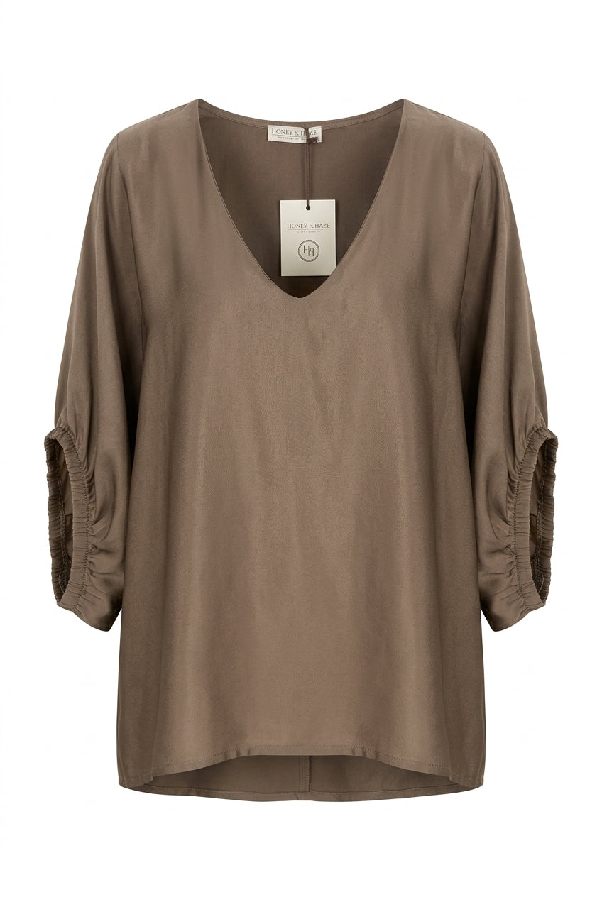 Honey & Haze - Jade Glossy V neck Blouse - Taupe