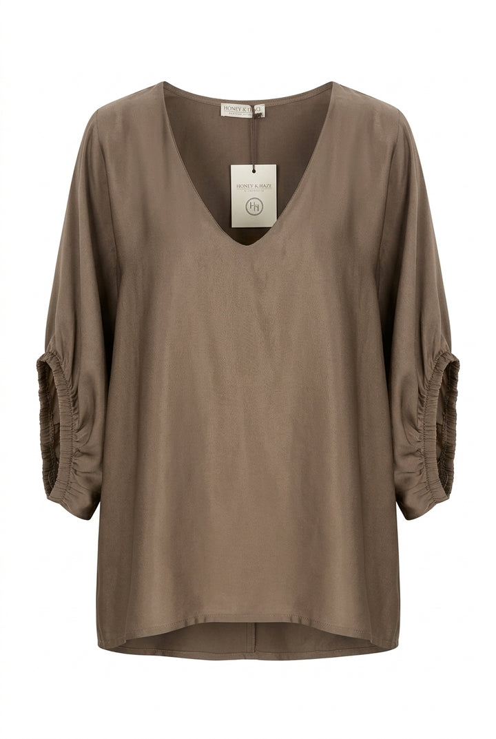 Honey & Haze - Jade Glossy V neck Blouse - Taupe