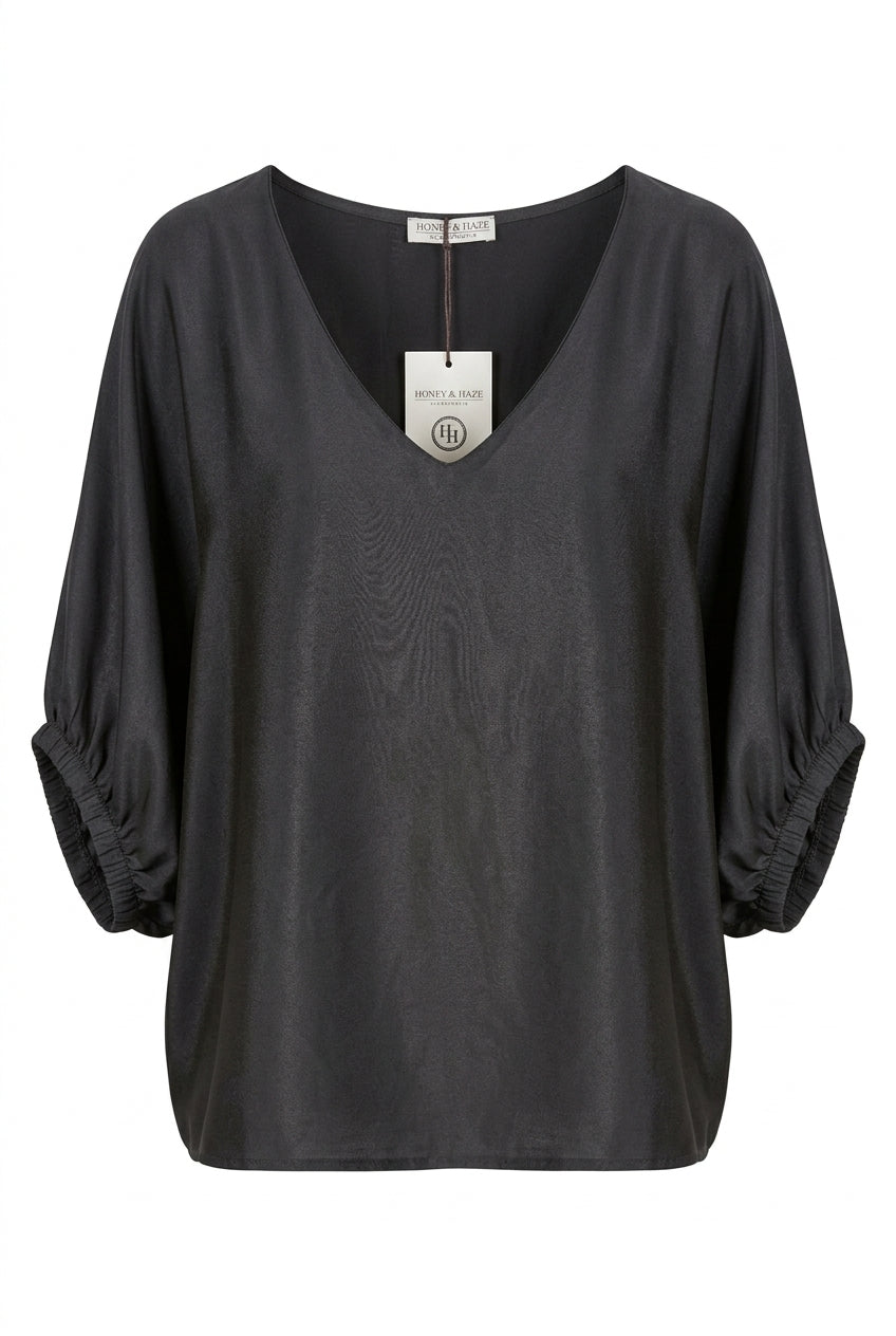 Honey & Haze - Jade Glossy V neck Blouse - Black