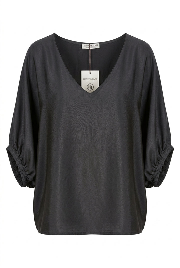 Honey & Haze - Jade Glossy V neck Blouse - Black