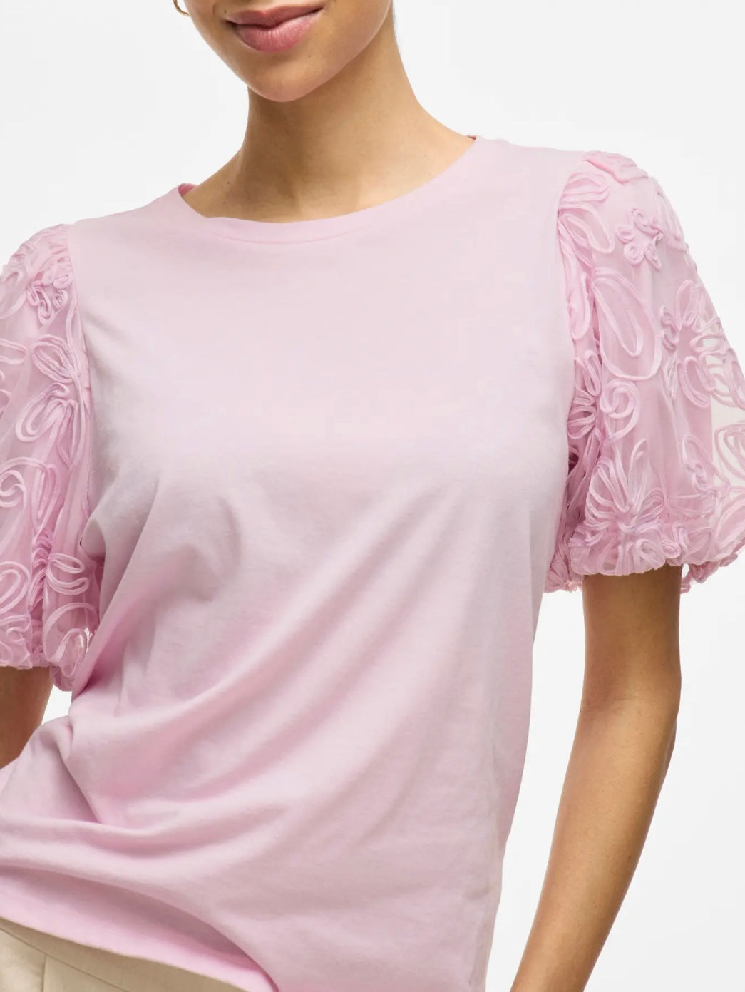SIMONIA - T-Shirt med puffärm i spets - Rosa