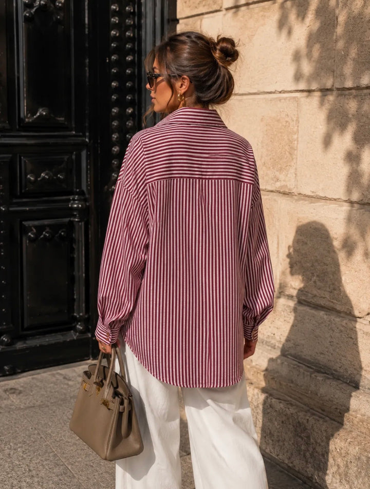 MINDY - Striped Shirt w bow - Wine