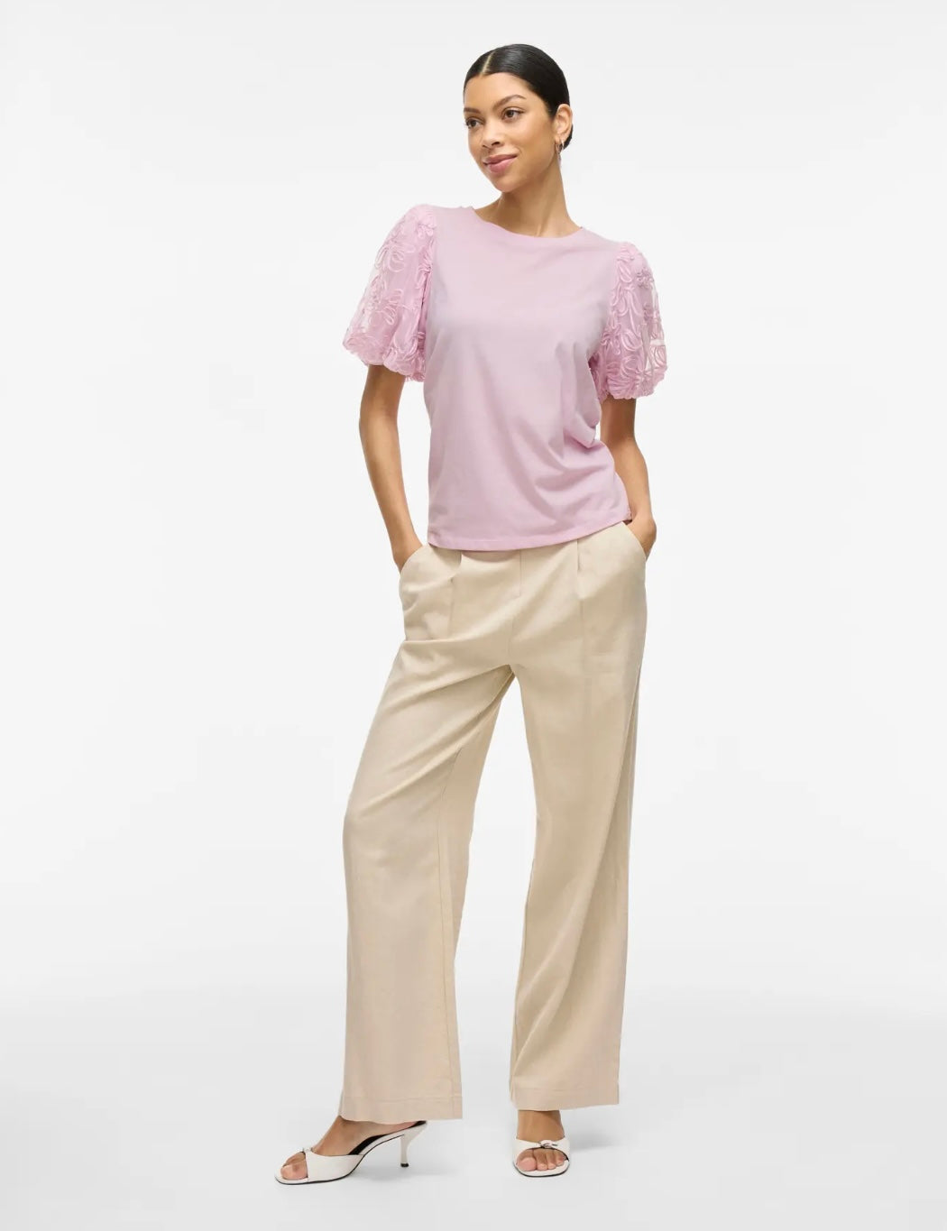 SIMONIA - T-Shirt med puffärm i spets - Rosa