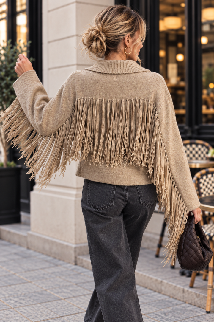 Calypso - Fringled Cardigan - Taupe