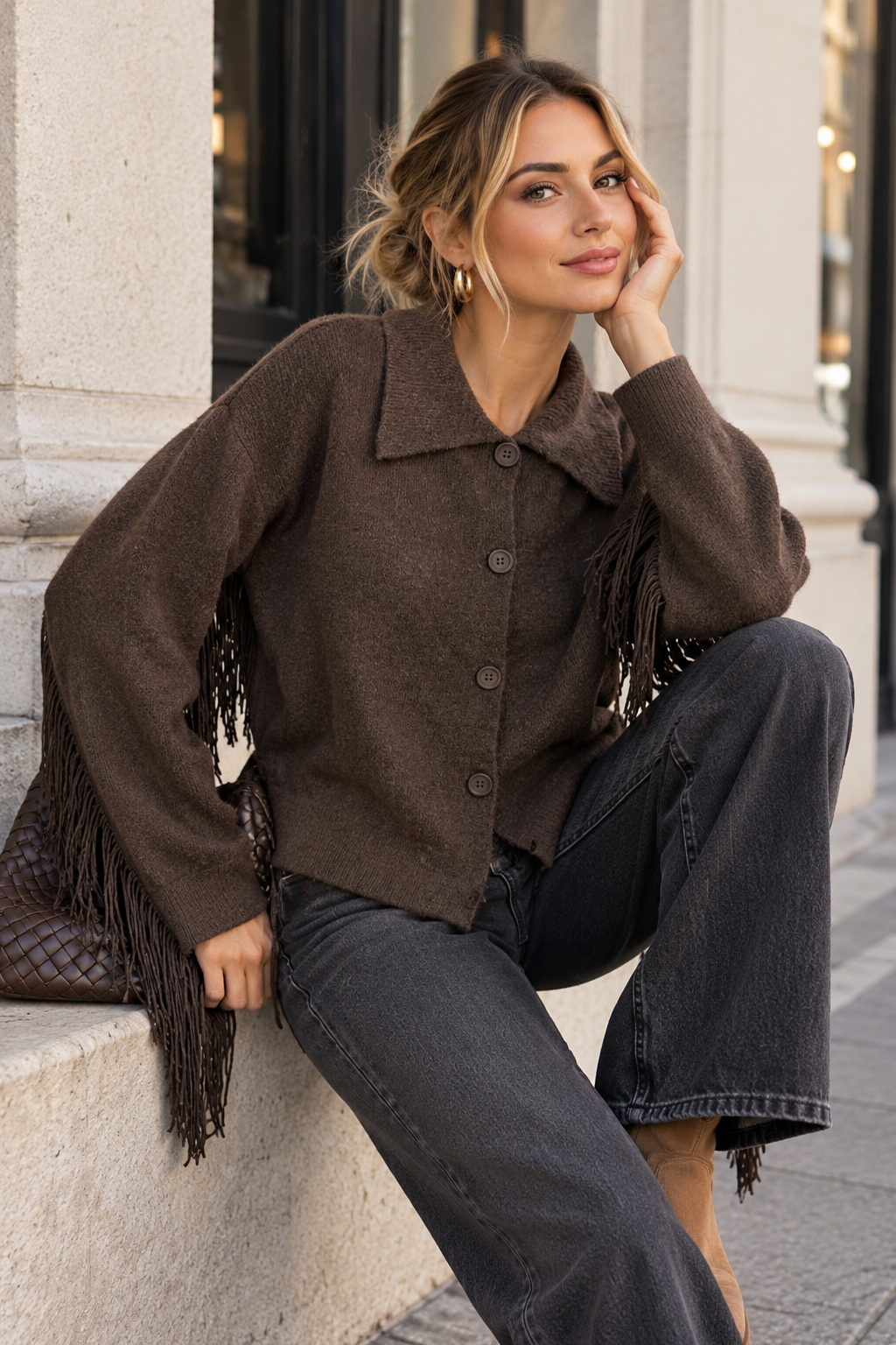 Calypso - Fringled Cardigan - Brown