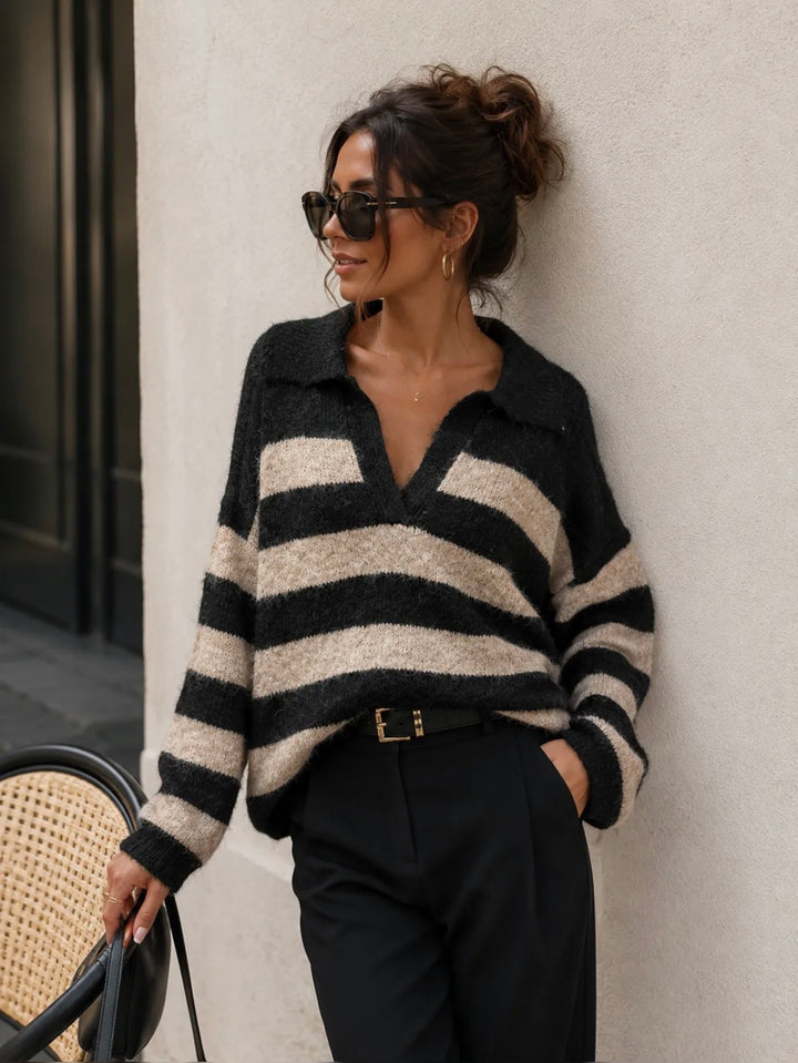 RAYA - Striped Sweater - Black/Taupe