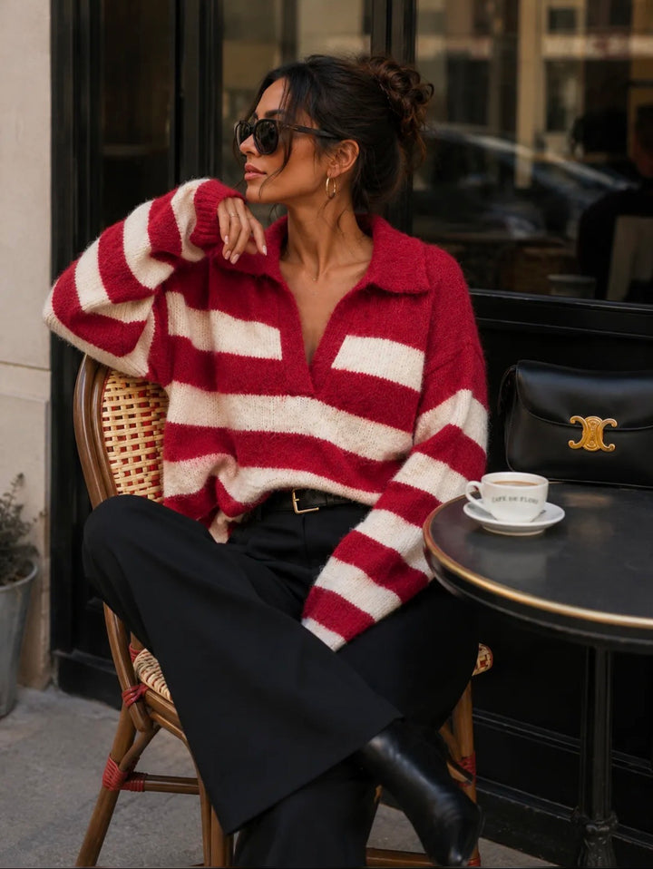 RAYA - Striped Sweater - Bordeaux/Beige