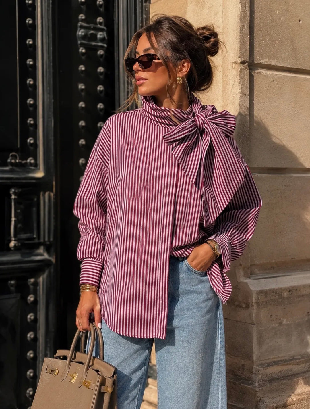 MINDY - Striped Shirt w bow - Wine