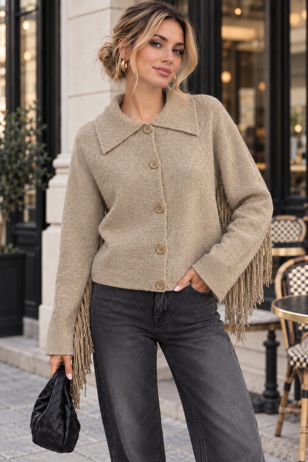 Calypso - Fringled Cardigan - Taupe