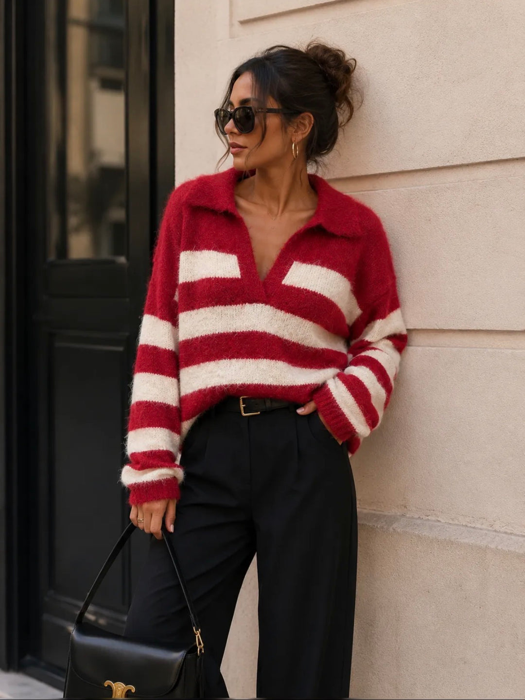 RAYA - Striped Sweater - Bordeaux/Beige