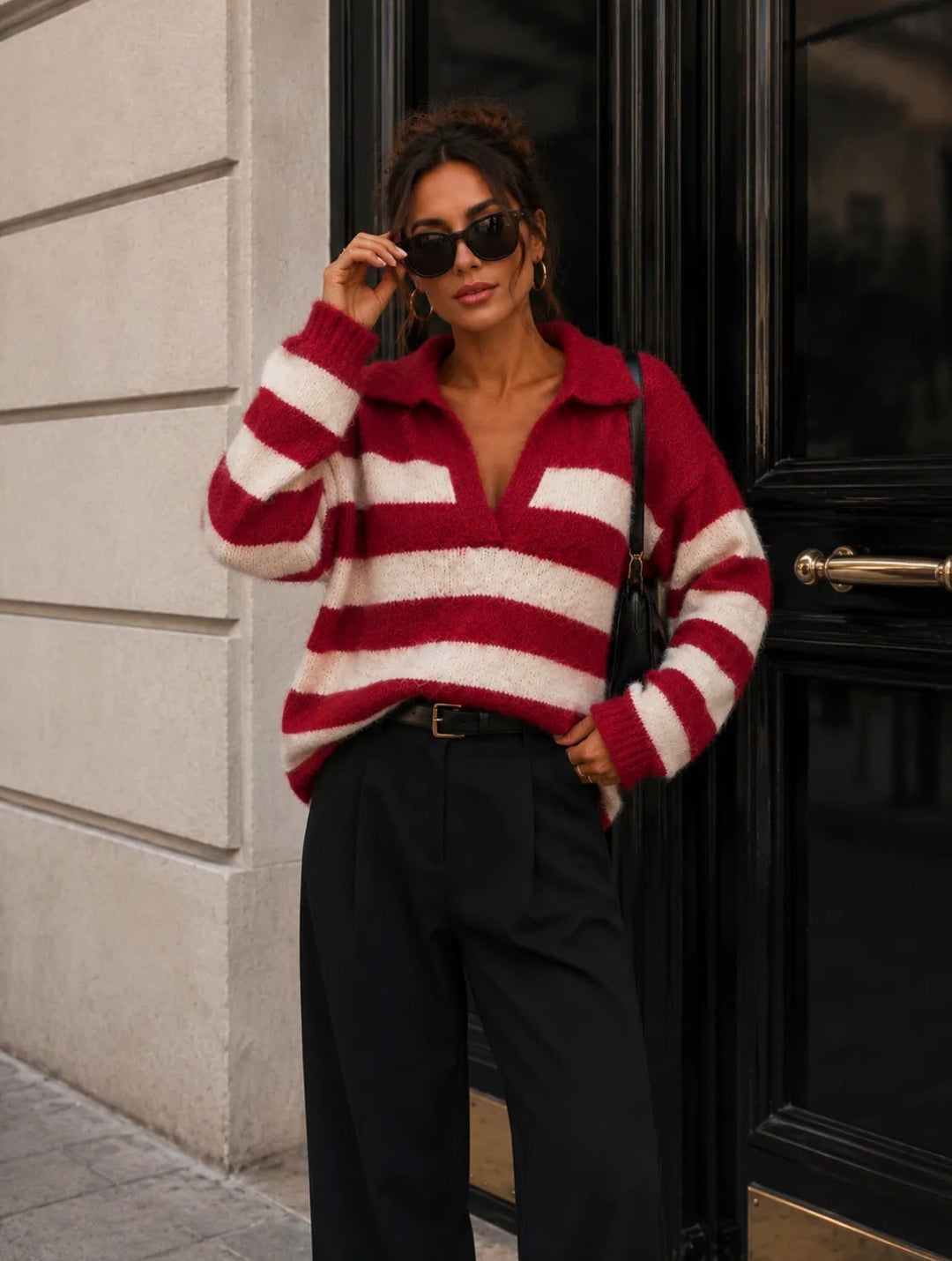 RAYA - Striped Sweater - Bordeaux/Beige