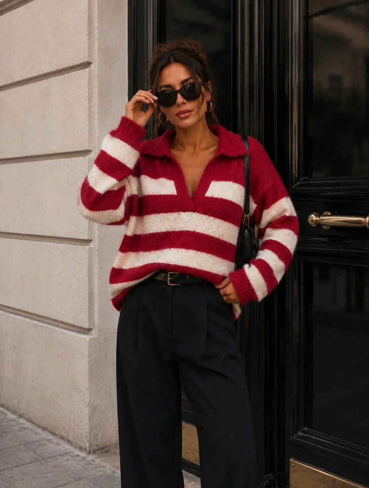RAYA - Striped Sweater - Bordeaux/Beige