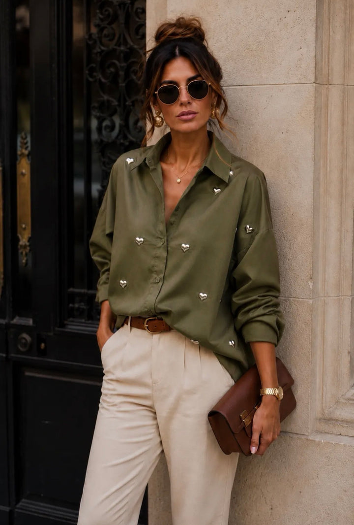 LOVED - Shirt w golden hearts - Army
