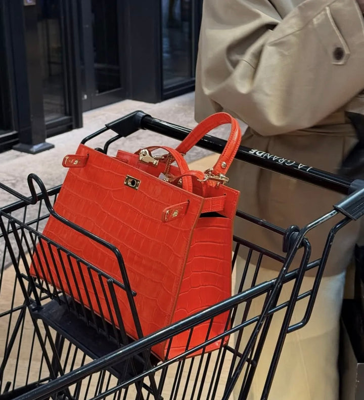 KELLIE - Läderväska i Croco - Orange