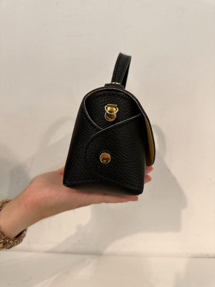MINI ARWEN - Liten Läder väska med bambu lås - Svart