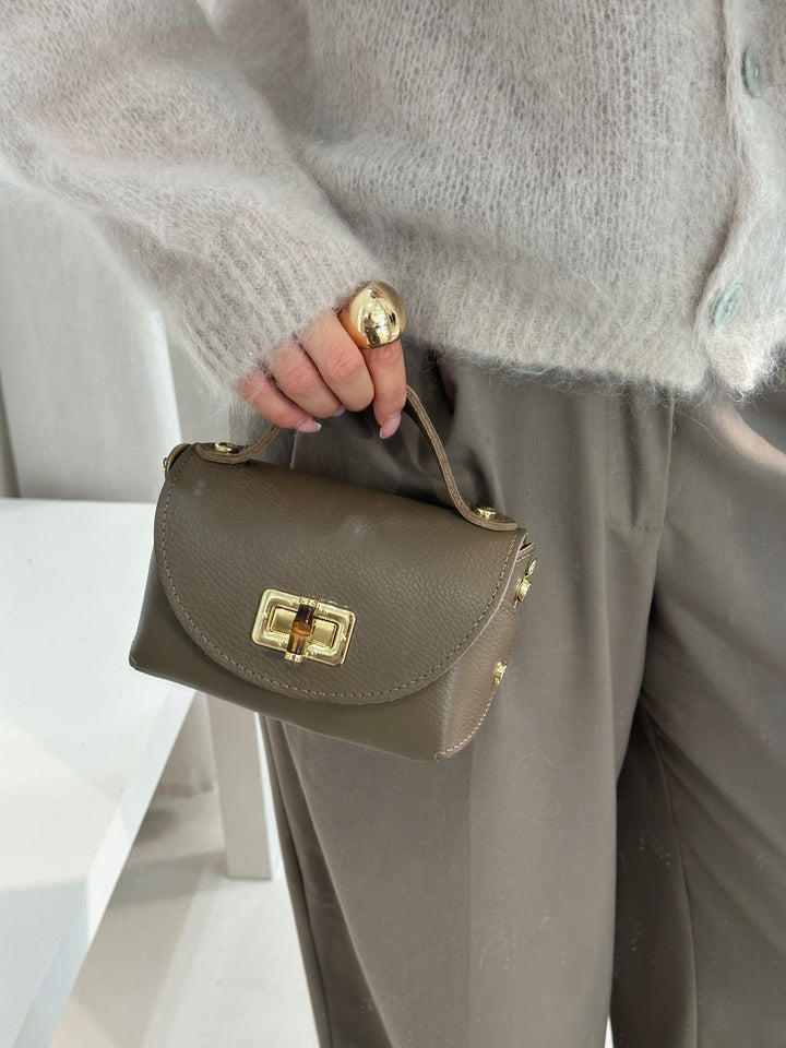 MINI ARWEN - Liten Läder väska med bambulås - Taupe