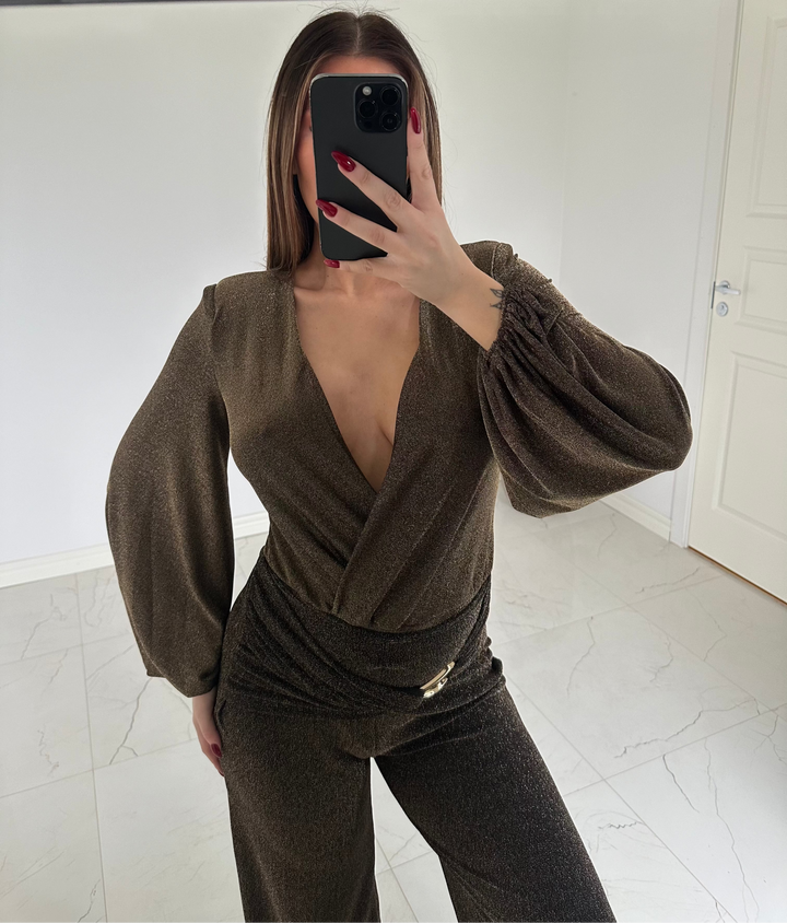 MIRJAM - Glitterbody med axelvadd - Mörk Guld