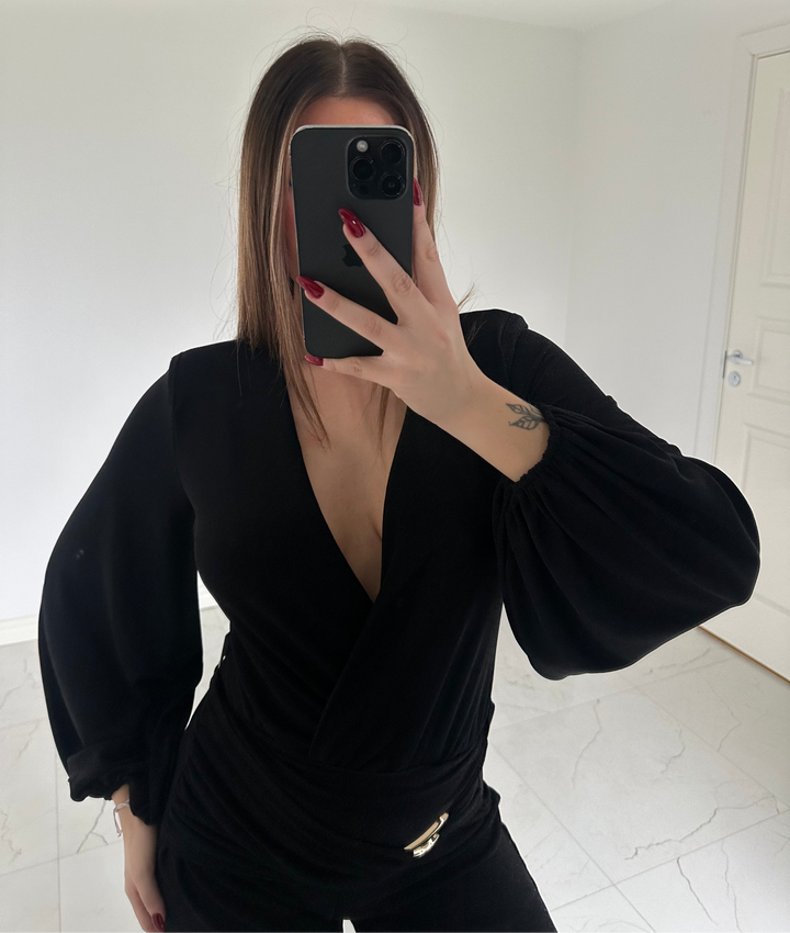 MIRJAM - Glitterbody med axelvadd - Svart