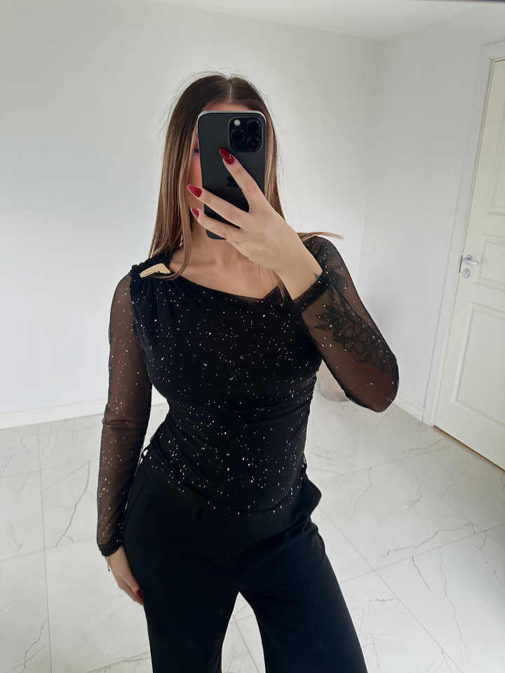 LEONA - Glittertop med guld detalj - Svart