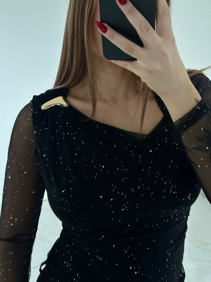 LEONA - Glittertop med guld detalj - Svart