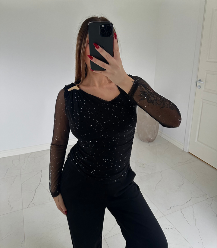 LEONA - Glittertop med guld detalj - Svart