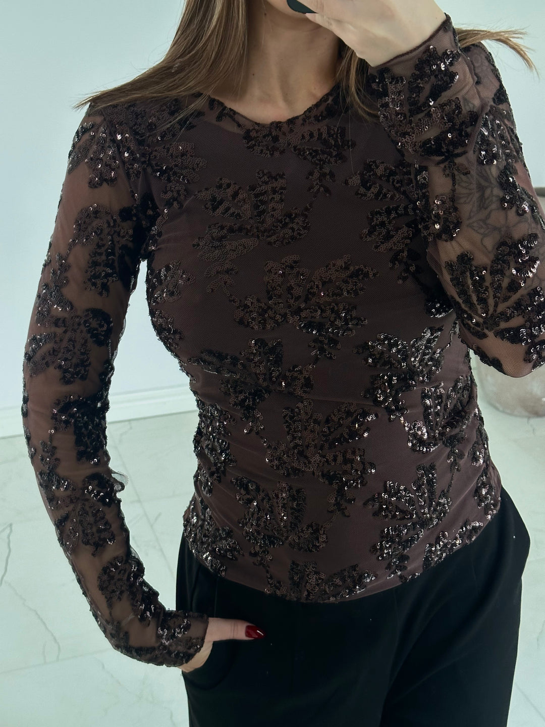 ELINA - Paljett top - Brun