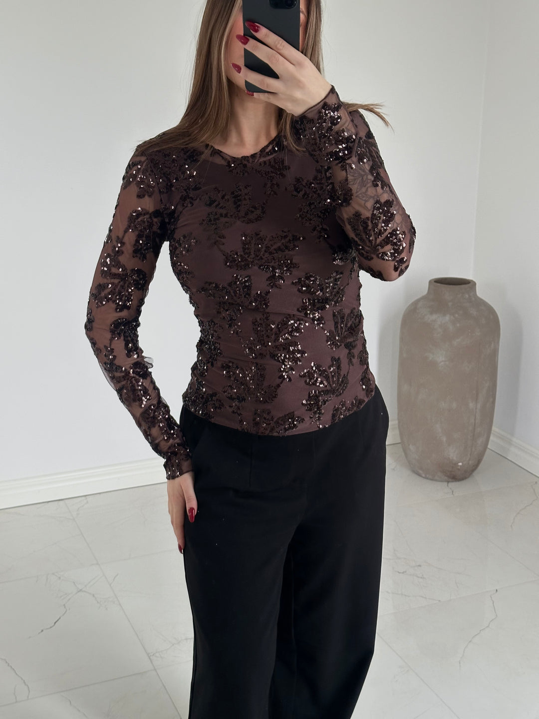 ELINA - Paljett top - Brun